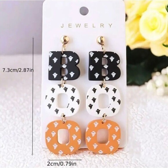 Halloween BOO Dangling Earrings Black Orange and White - Picture 2 of 3
